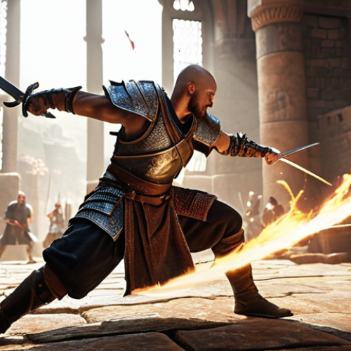 **

A fierce warrior wielding a sword, executing a precise and swift attack. The background shows a dynamic PvP battle scene with other players and magical effects. Focus on the warrior's agility and the sword's sharp, clean lines.

**