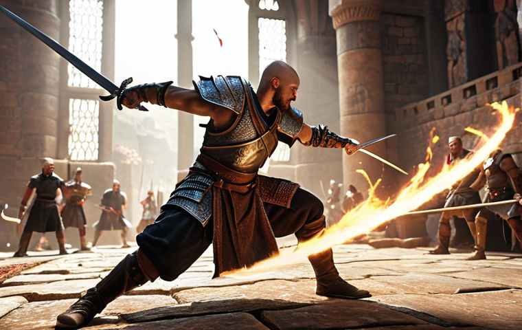 **
A fierce warrior wielding a sword, executing a precise and swift attack. The background shows a dynamic PvP battle scene with other players and magical effects. Focus on the warrior's agility and the sword's sharp, clean lines.
**