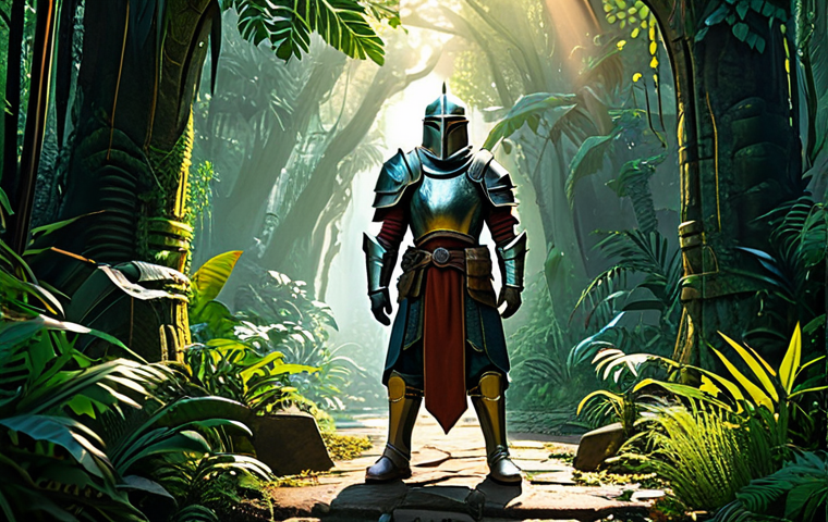 **

"A brave adventurer, fully clothed in modest fantasy armor, standing at the entrance to a mysterious jungle, safe for work, appropriate content, professional digital painting, perfect anatomy, natural proportions, lush foliage, sunlight filtering through the trees, vibrant colors, family-friendly."

**