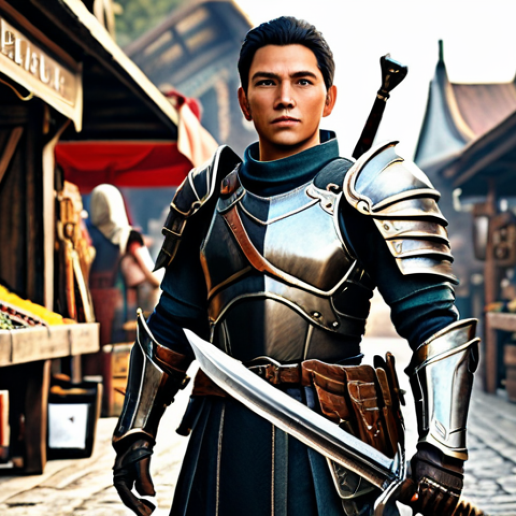 아키에이지 상점 할인 이벤트 - A fully clothed, professional-looking warrior character in appropriate armor, holding a discounted w...