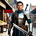 아키에이지 상점 할인 이벤트 - A fully clothed, professional-looking warrior character in appropriate armor, holding a discounted w...