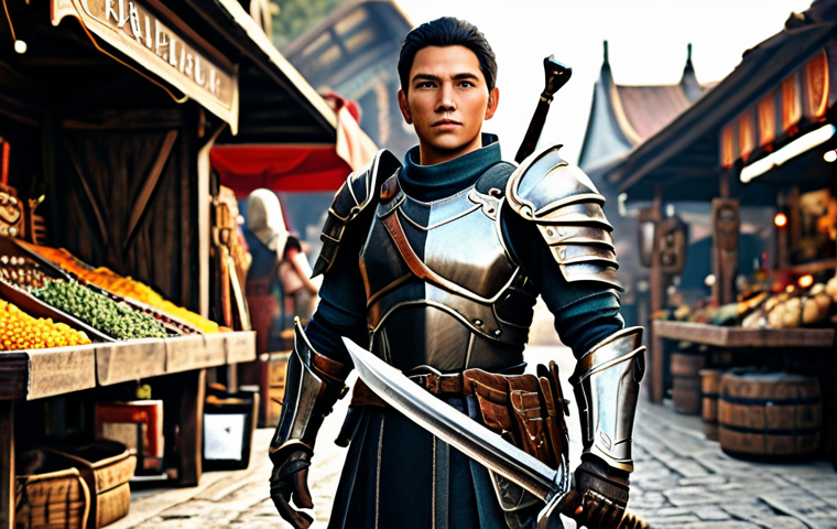 아키에이지 상점 할인 이벤트 - A fully clothed, professional-looking warrior character in appropriate armor, holding a discounted w...