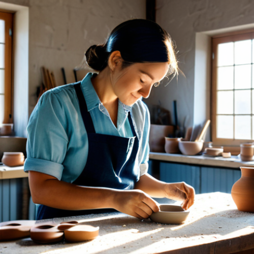 아키에이지 영웅 시스템 설명 - ** A skilled female artisan in a bright and airy workshop, fully clothed in modest work attire, craf...