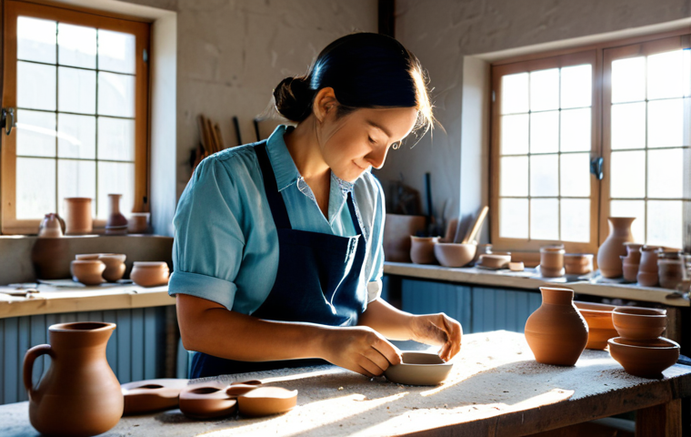 아키에이지 영웅 시스템 설명 - ** A skilled female artisan in a bright and airy workshop, fully clothed in modest work attire, craf...