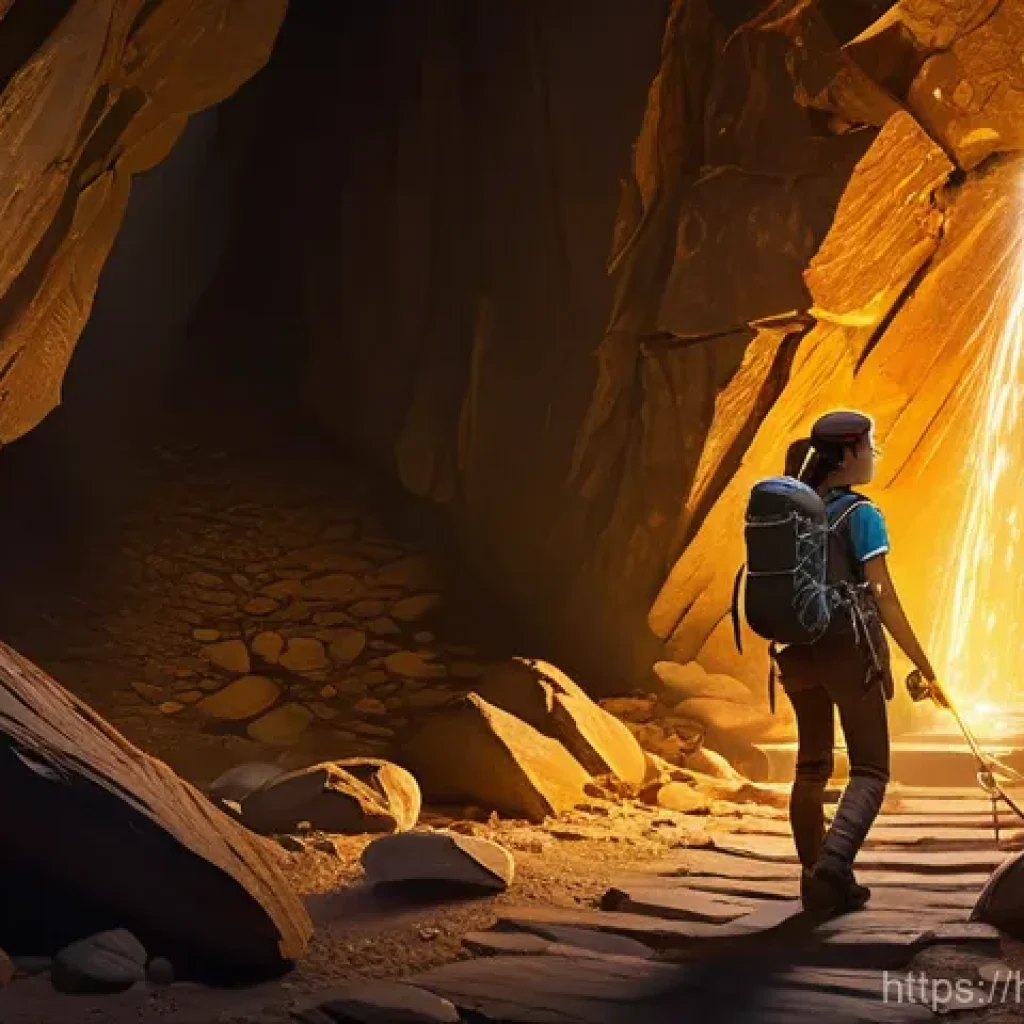 아키에이지 희귀 지역 탐험 - **Golden Ruins Mine Exploration**
An adventurous female explorer, wearing sturdy but practical a...