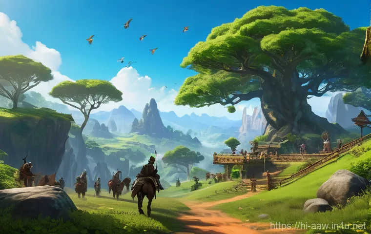 아키에이지 서버 선택 가이드 - **Prompt: "A vibrant scene depicting the early days of a new ArcheAge server. Lush, untouched fantas...