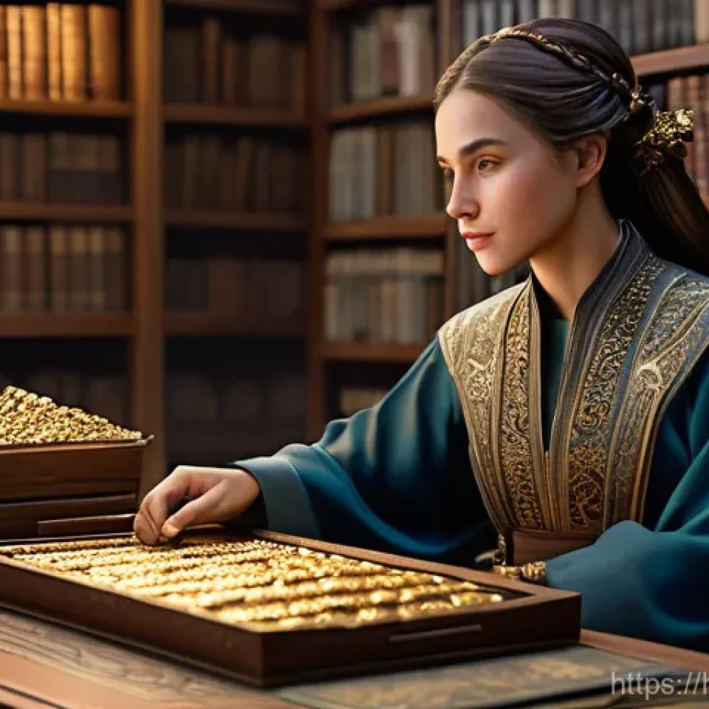 아키에이지 업데이트 사전 준비 - **A female fantasy game character, a skilled economic strategist, meticulously managing her resource...