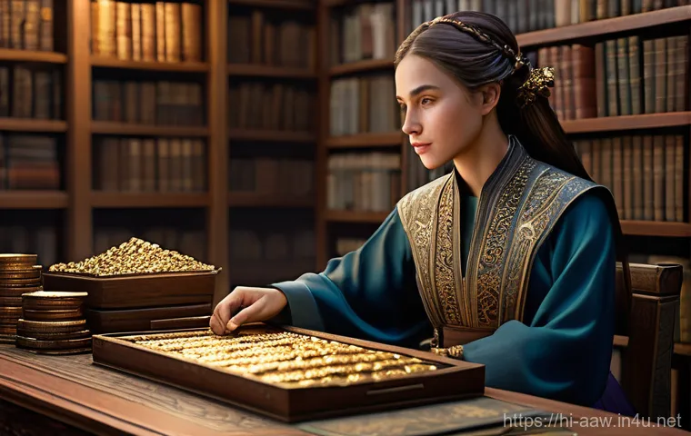 아키에이지 업데이트 사전 준비 - **A female fantasy game character, a skilled economic strategist, meticulously managing her resource...