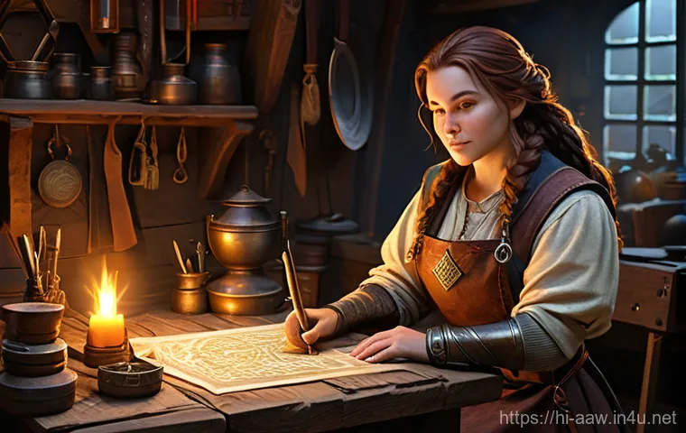 아키에이지 퀘스트 보상 비교 - **Strategic Quest Reward Selection**
    An intricately detailed fantasy illustration depicting a ma...