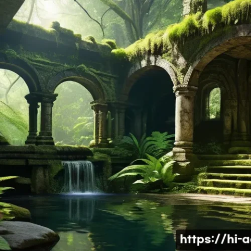 Home 28 아키에이지 신규 지역 탐험 - **Prompt: Ancient Jungle Ruins Exploration**
A highly detailed, wide-angle shot of a lone advent...