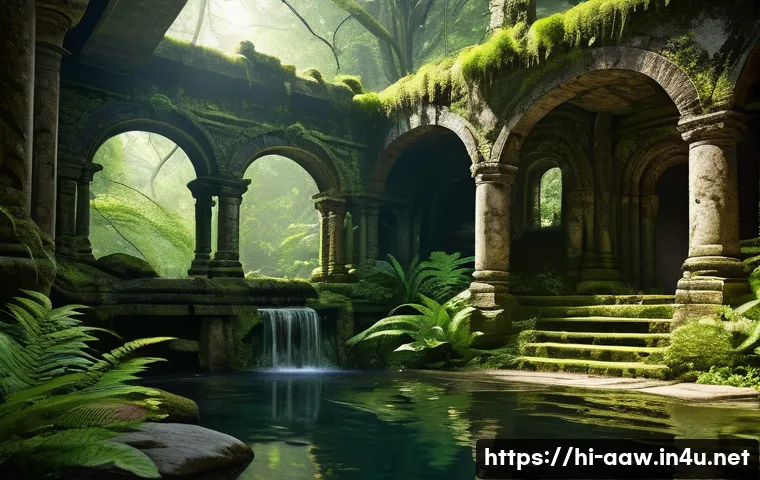 아키에이지 신규 지역 탐험 - **Prompt: Ancient Jungle Ruins Exploration**
A highly detailed, wide-angle shot of a lone advent...